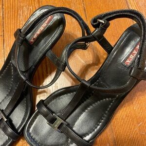 Prada t-strap kitten heel leather sandals